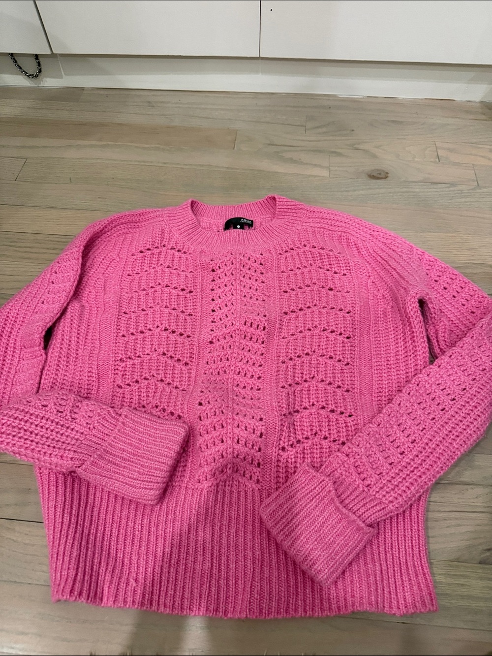 Aqua Bubblegum Pink Open-Stitch Crewneck Sweater